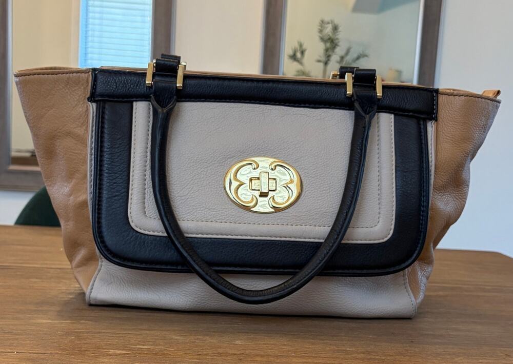 Emma Fox Genuine Leather Colorblock Tote Handbag Cream Black Taupe Floral Lining